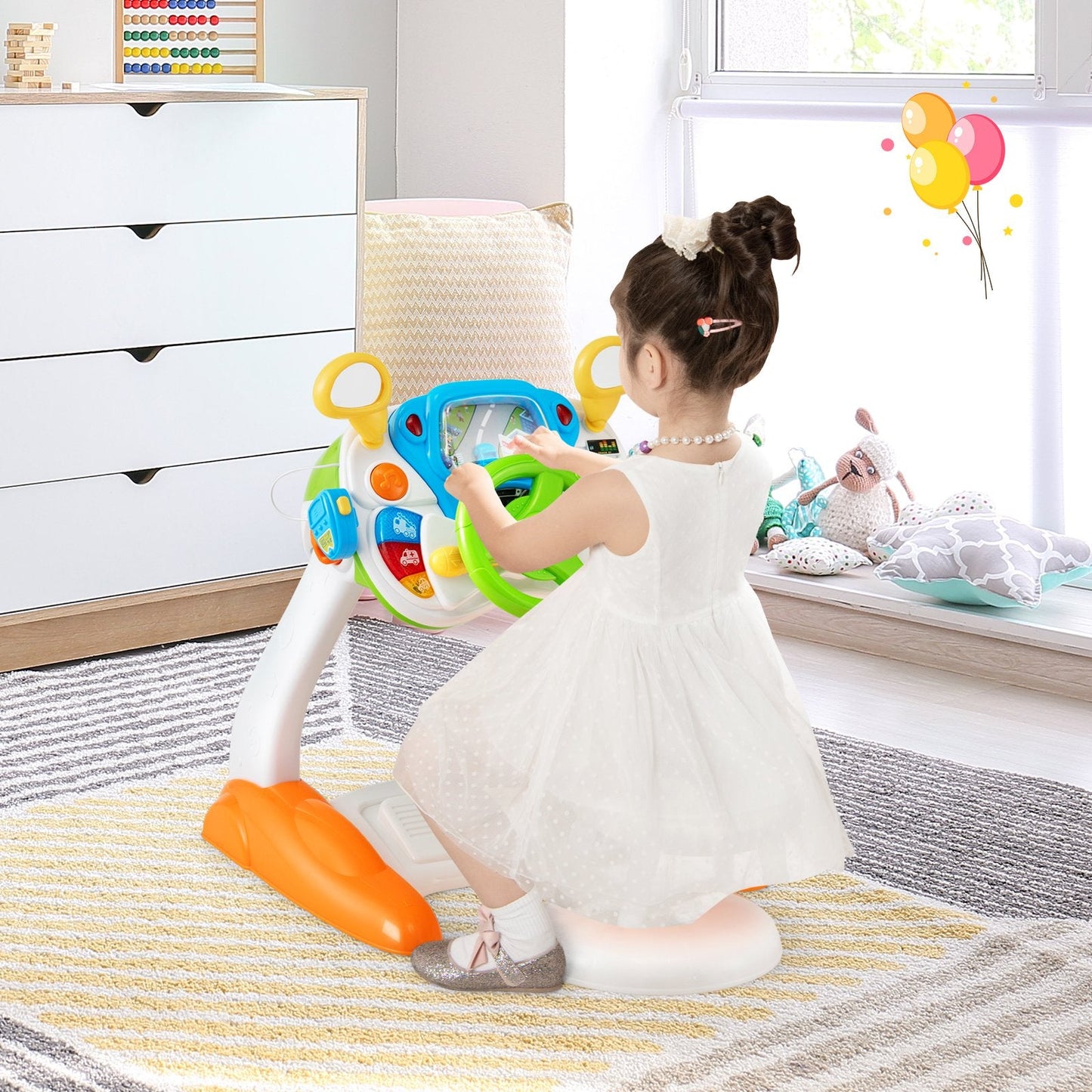 KIDS STEERING WHEEL TOY AND STOOL WITH CYCLIC ROTARY SCENE